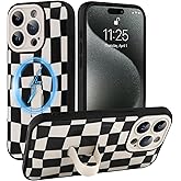 SOKAD Magnetic Checkered Case for iPhone 15 Pro with Finger Strap Kickstand, Compatible with Magsafe, Cute Checkerboard Designed for Women Men, Full Camera Protection Cover, Black & White