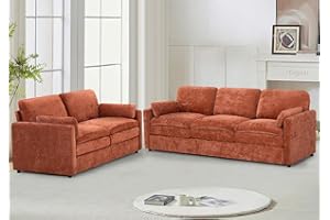 Lesofair 2 Pieces Chenille Couch Set with Well-Filled Pillows, Modern 3 Seats and 2 Seats Sofa with Soft Backrests, Classic Upholstered Sectional Couch with Thickened Cushions for Living Room, Orange