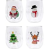 Stephanie Imports Set of 4 Double Walled Stemless Borosilicate Wine Glass Christmas Themed Drinking Glasses, 12 oz (Assorted)