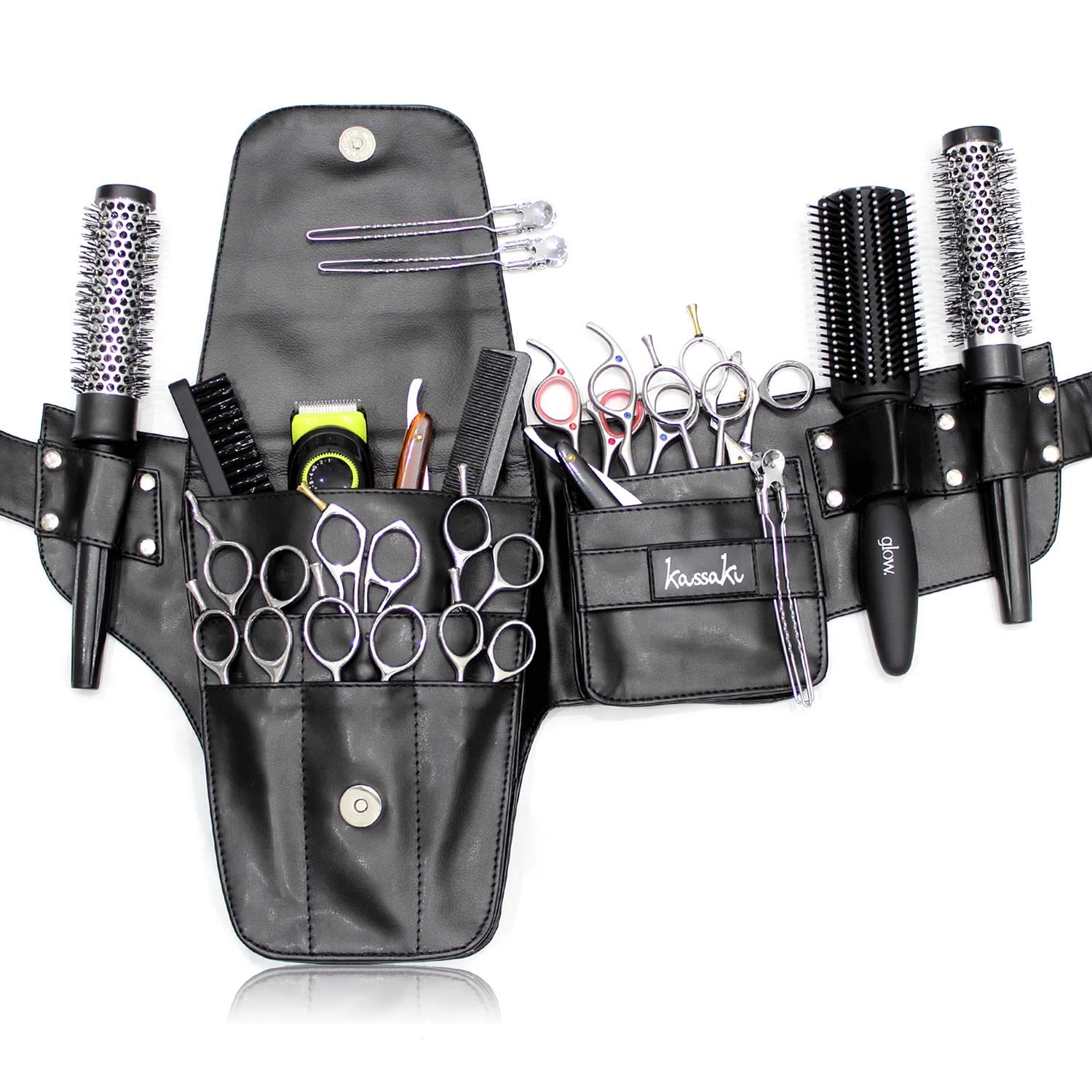 Kassaki Pro Hairdressing Bag Tool Belt Scissor Pouch in Black – Leather Look Toolbelt Holds 10 Scissors – Adjustable Waist Tool Pouch Belt for Stylists & Barbers