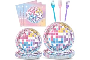 CHUNNIN 96Pcs Singer Plates and Napkins Disco Ball Party Decorations Colorful Disco Ball Dessert Plates Music Themed Birthday Tableware for 24 Guests Music Lover Birthday Wedding Anniversary Party Supplies