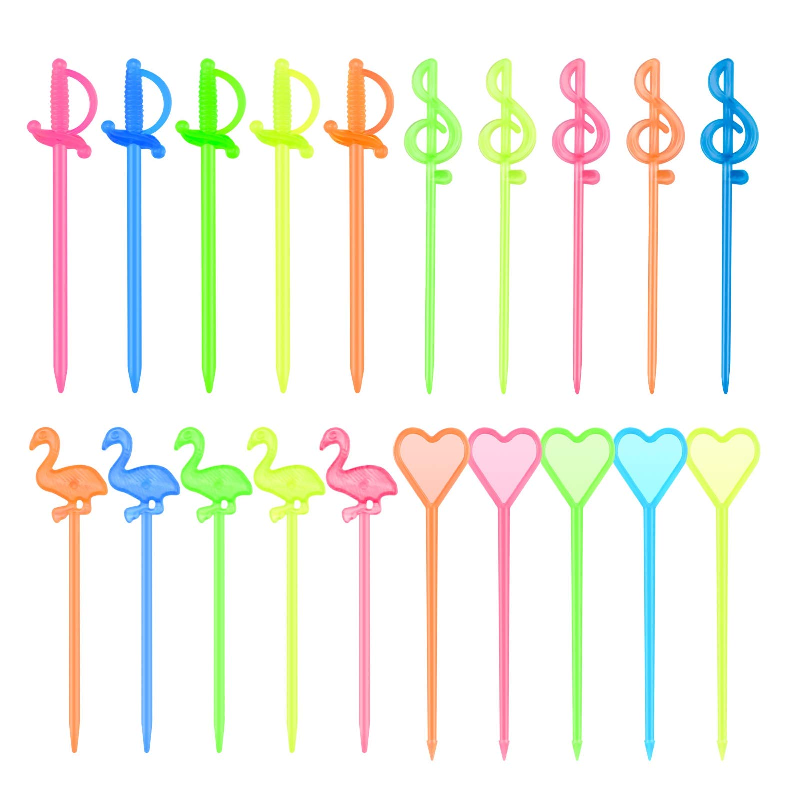 Hysagtek 200 Pcs Plastic Fruit Picks Cocktail Picks Appetizer Picks Drink Picks Flamingo/Heart/Music Note/Sword Shape Picks, Multicolor