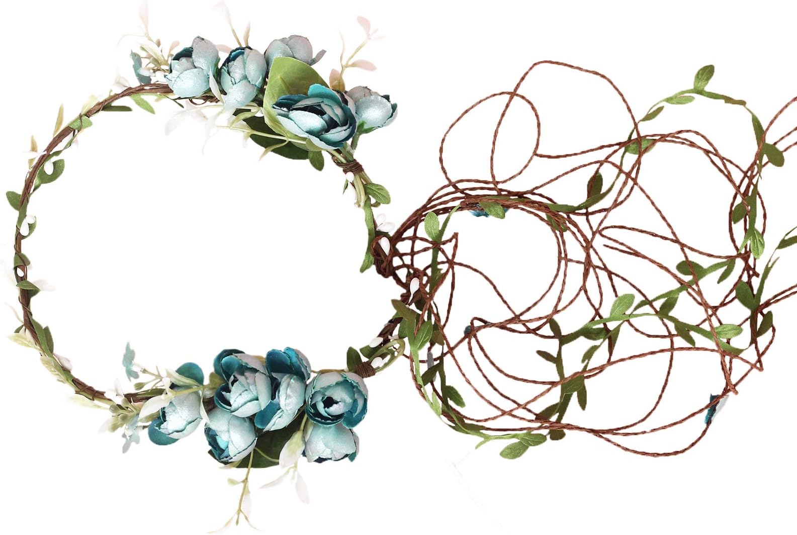 VivivalueVine Flower Crown Boho Flower Headband Hair Wreath Floral Headpiece Halo with Ribbon Wedding Party Festival Photos Blue