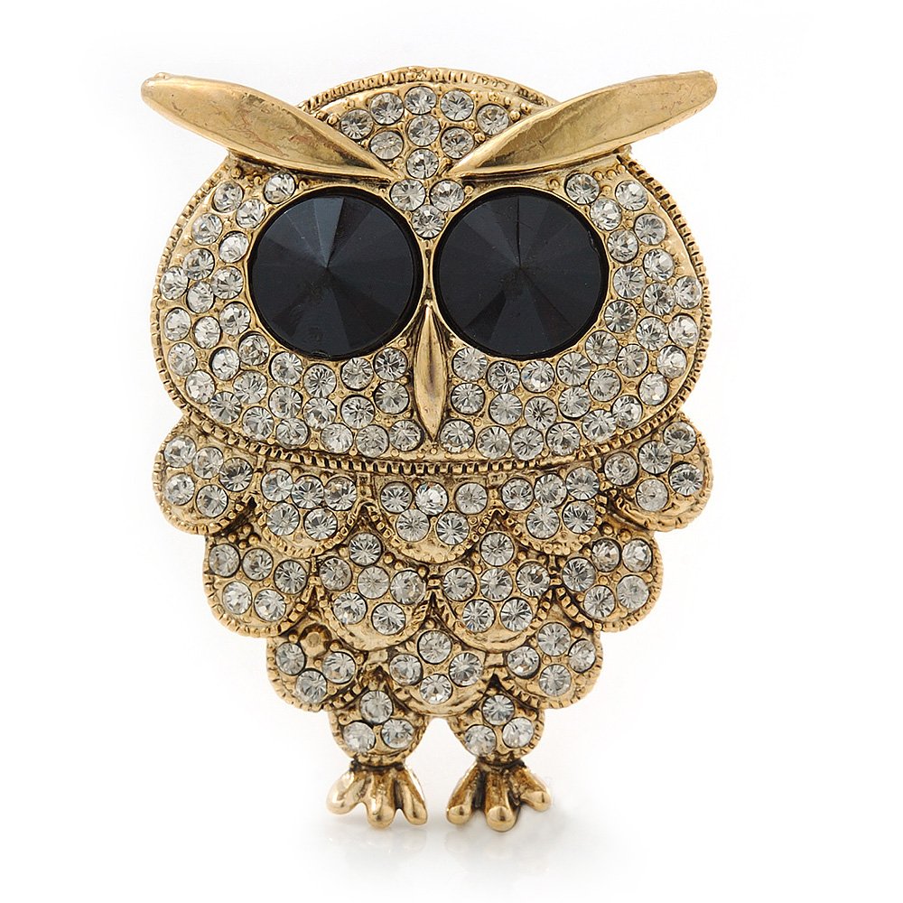 Clear Diamante 'Owl' Brooch In Gold Plating - 47mm Length