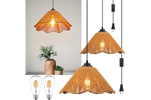 tebio Plug in Pendant Light, Rattan Hanging Lights with Plug in Cord 13FT Hemp Rope Cord, On/Off Switch Chandelier for Boho Living Room Bedroom Kitchen（Bulb Included） Brown-12 x 6 inch - 2 Pack