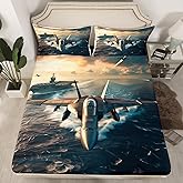 Fighter Aricraft Kids Fitted Sheet Queen Size,Warplane Warship Aviation Airplane Modern Fashion Bedding Set,Boys Men Room Decor,Sea Surface Sunset Bed Cover,Grey Bed Sheet,2 Pillowcases