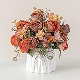 Hbluefat Faux Flowers with Vase,Artificial Silk Flowers in Ceramic Vase,Small Fake Flower Arrangement for Home Office Kitchen Bathroom Coffee Dining Table Centerpiece Decor (Orange,Pomegranate)