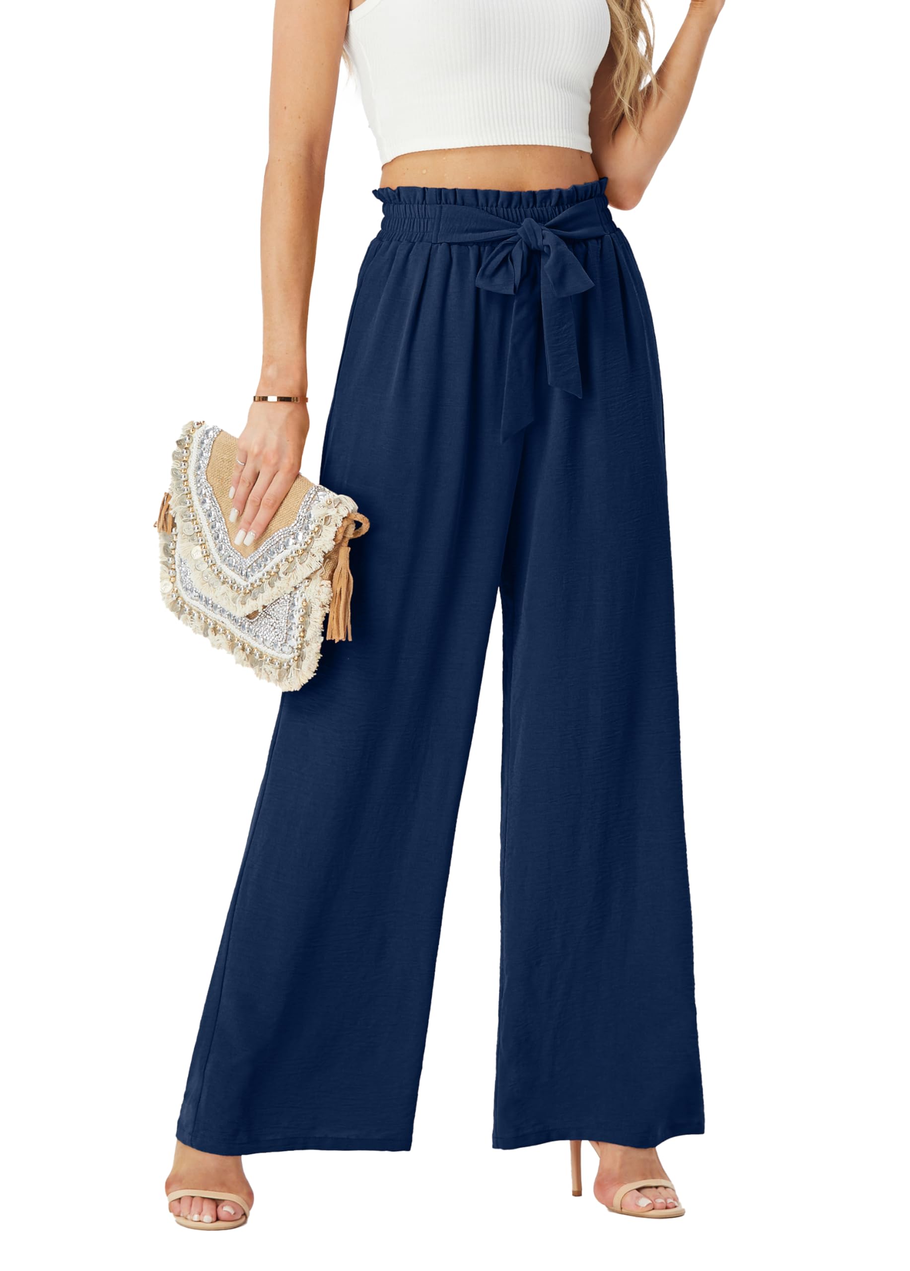Photo 1 of FREEOAK Womens Wide Leg Pants Trousers Paperbag Beach Travel Summer Work Casuals Business Outfits Blacks Loosey Palazzo Style