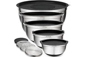 BELWARES Mixing Bowls with Lids Set of 5 - Nesting Bowls with Airtight Lids and Graters - Stainless Steel Non-Slip Mixing Bowl for Baking, Food Storage and Prepping (Black)