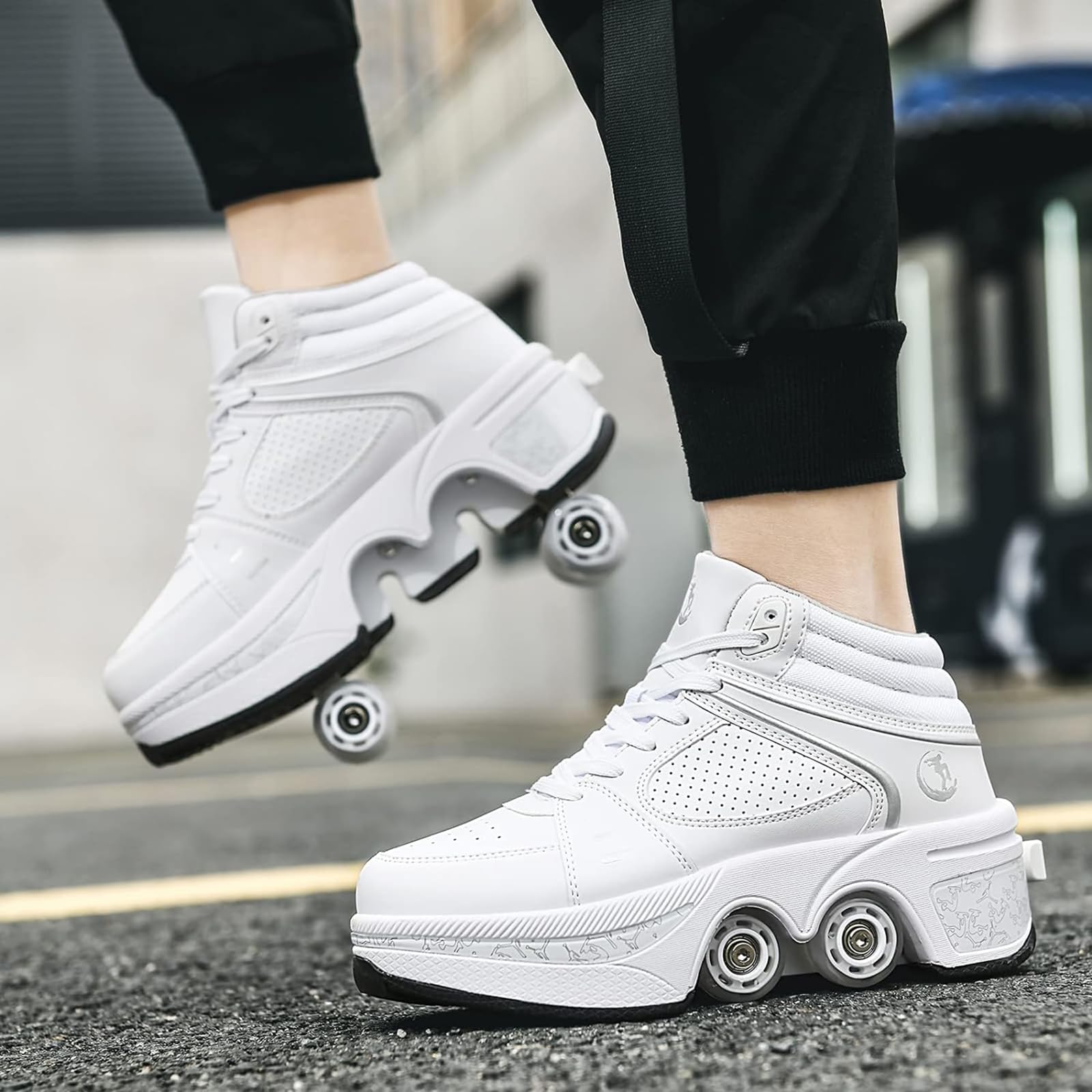 Outdoor roller skates, adjustable roller skates for women, quad skates deformation trainer for adults, sneakers with invisible wheel for beginners (White high top, UK-6)