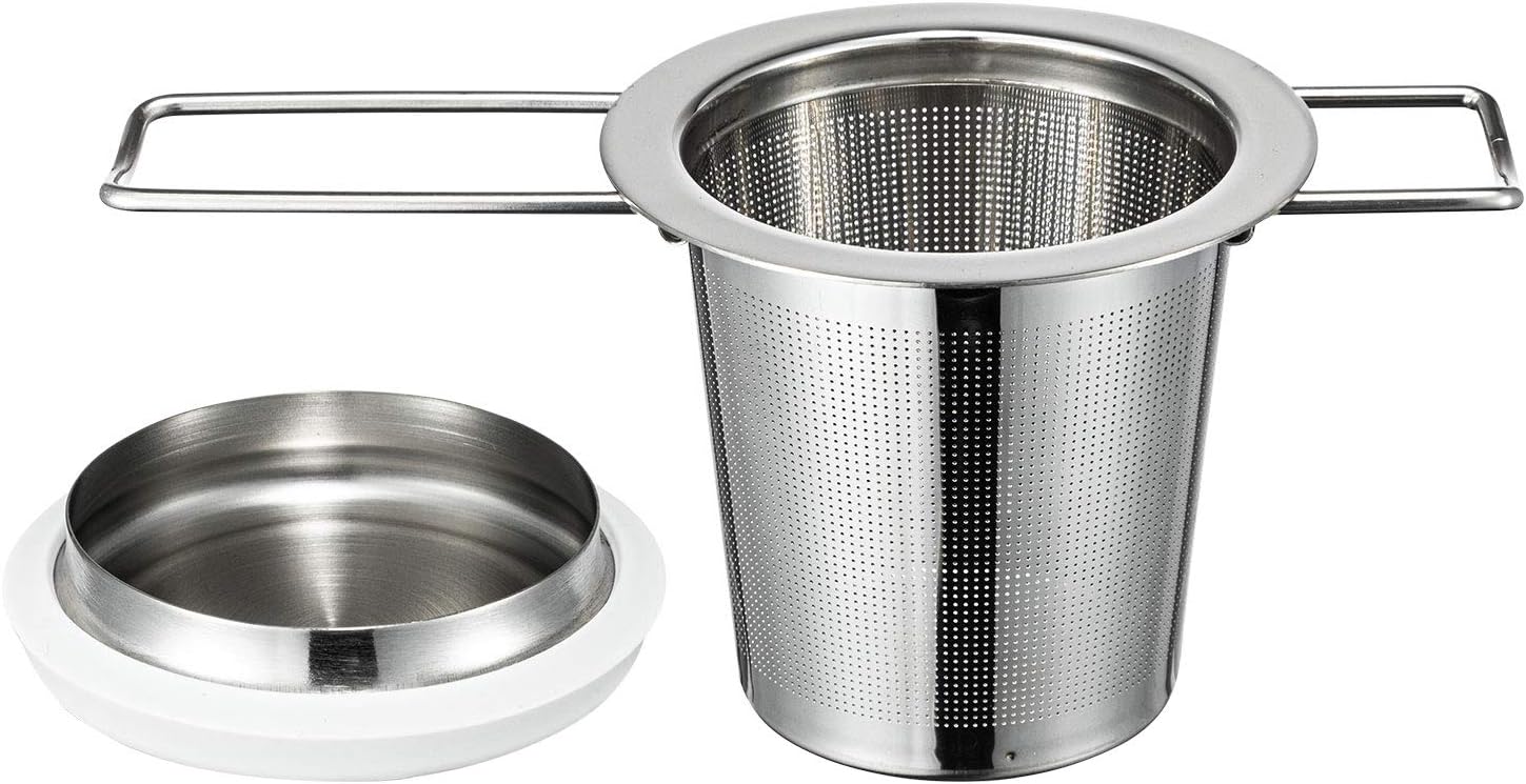 Infuser Basket for Loose Leaf Tea and Coffee, Fine Mesh Steeping Strainer with 304 Stainless Steel & Heat Resist Silicone Ring, Collapsible Handle with Dual Use for Lid & Drip Tray Fits Standard Cups