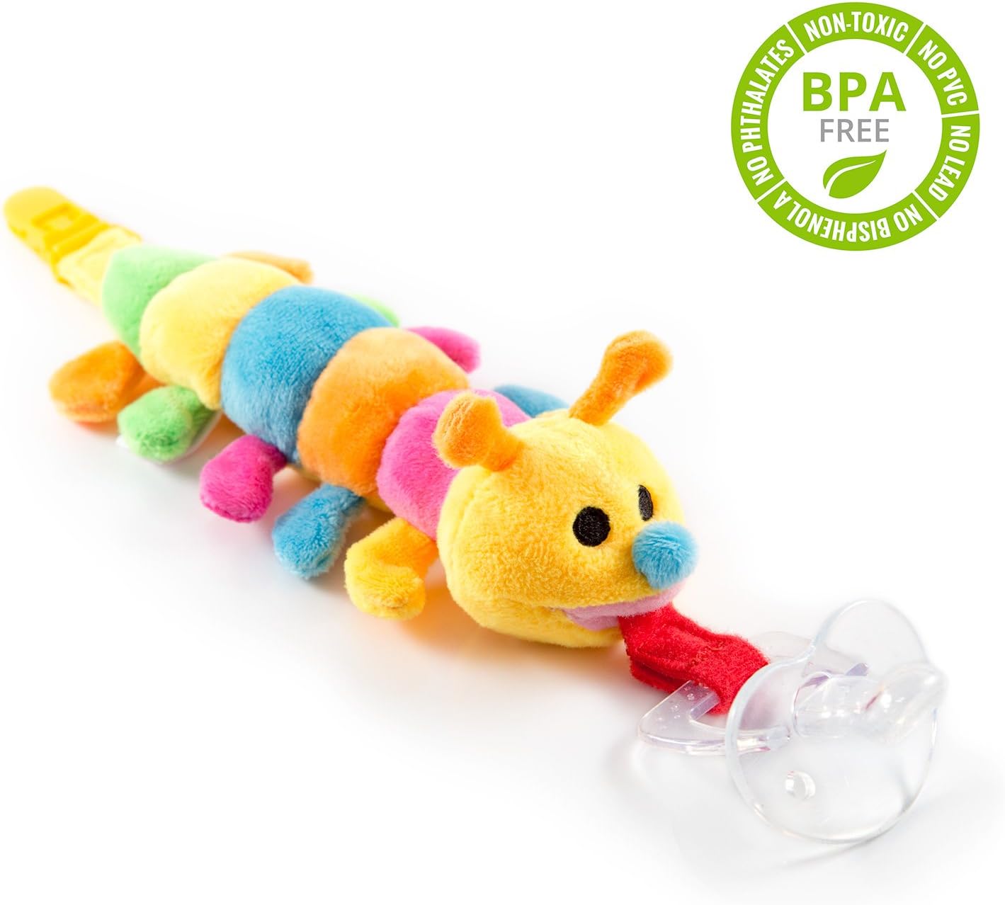 BabyHuggle Caterpillar Pacifier - Stuffed Animal Plush Toy Binky, Removable Baby Dummy, Paci Clip Leash