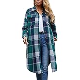 SKIKYAN Women Fall Flannel Plaid Shacket Jacket Oversized Button Down Long Shirt Jacket
