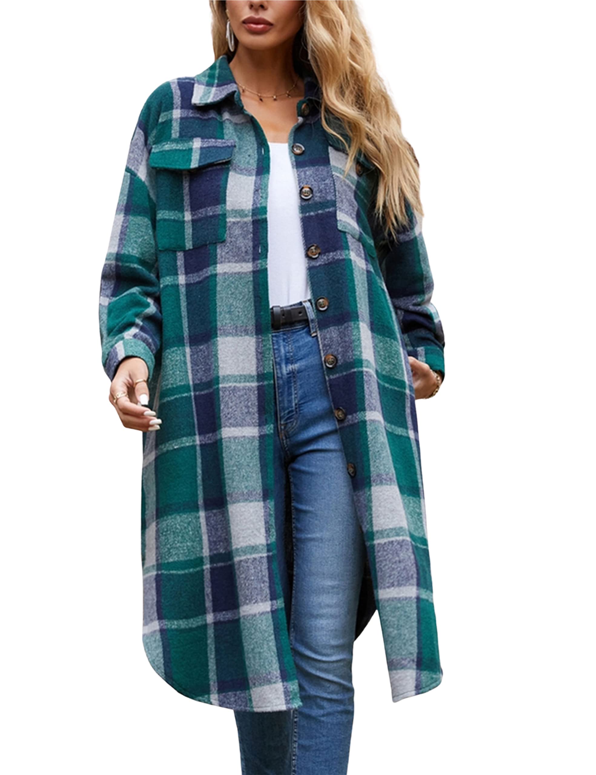 SKIKYAN Women Fall Long Flannel Plaid Shacket Jacket Oversized Button Down Shirt Jacket (Green, X-Large) Image