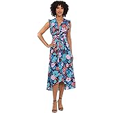Maggy London Womens V-Neck Hi-lo Midi Dress with Gathered Waist and Sleeveless Ruffle Details
