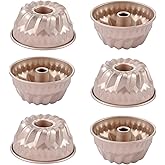 BreadTalk 4-Inch Mini Buntz Cake Pan Set, 6Pcs Nonstick Fluted Tube Pan, Small Kugelhopf Baking Cup, Carbon Steel Round Cake Mold,Tube Bakeware for Oven Baking for Making Jello,Chocoflan,Flan (Gold)