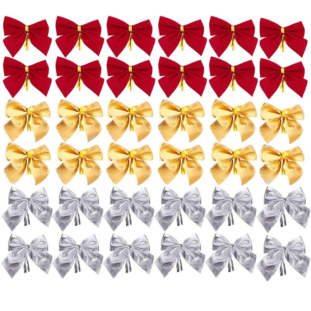 Bkrdty Christmas Bow 36 pieces Festival Bow Decorations Silver Red Gold Xmas Bowknot Decoration Ornaments for Christmas Wreaths Tree Hanging Decoration Presents Wrapping Craft Supplies