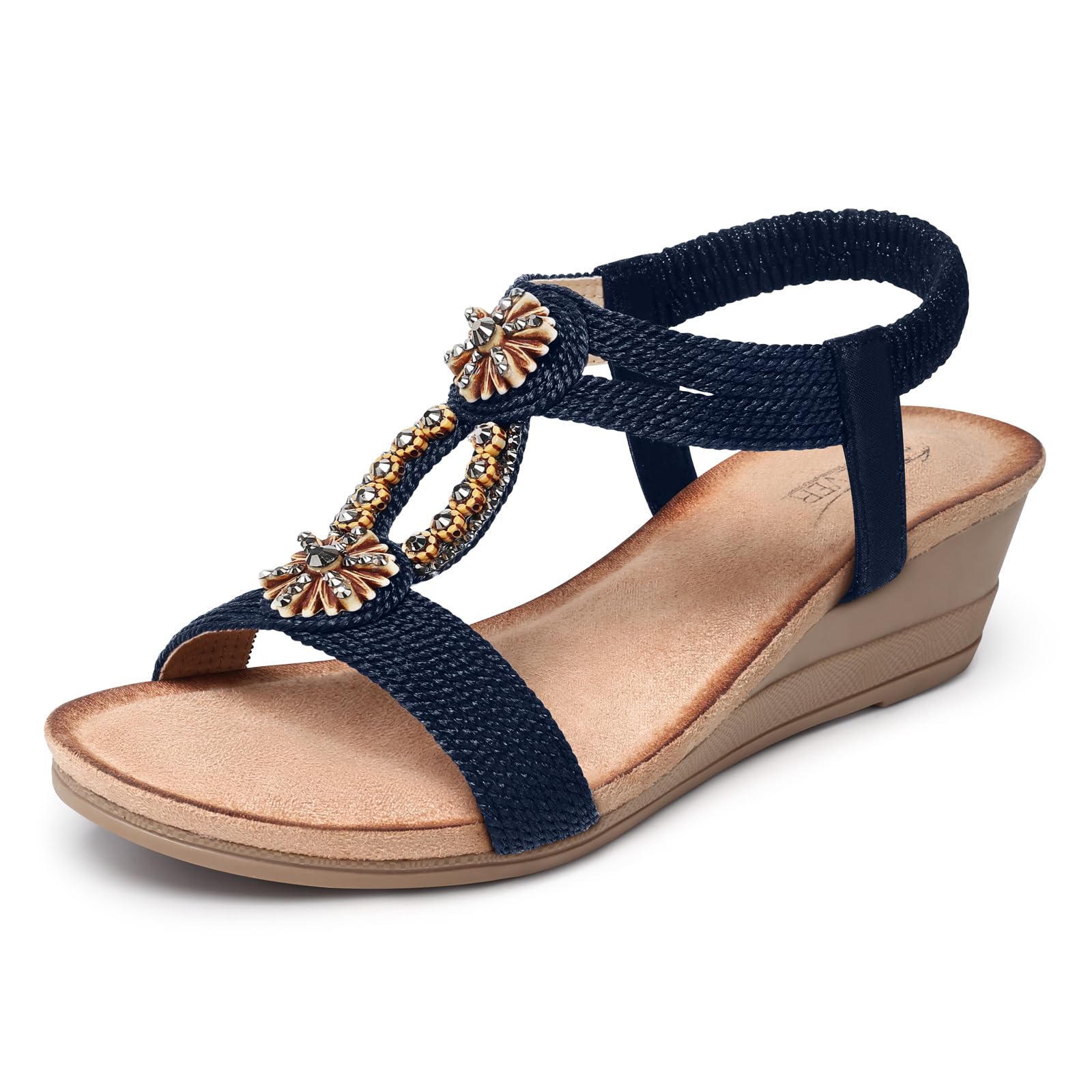 Photo 1 of SHIBEVER Wedge Sandals for Women 2025: Comfortable Open Toe Ankle Strap Dark blue Sandals Women Dressy Summer Beach Walking Low Platform Shoes 9