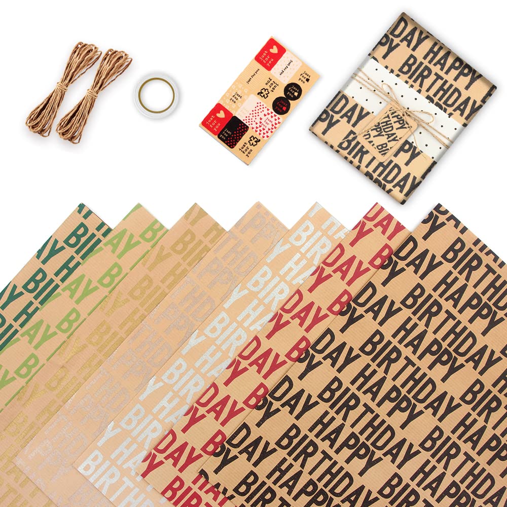Wrapping Paper, 11 Pcs Birthday Wrapping Paper Recyclable Gift Wrap Paper Sheets (70x50cm) with 1 Gift Sticker, 1 Double-Side Tape, 2 Kraft String - Great for Girl, Boy, Women, Men on Birthday