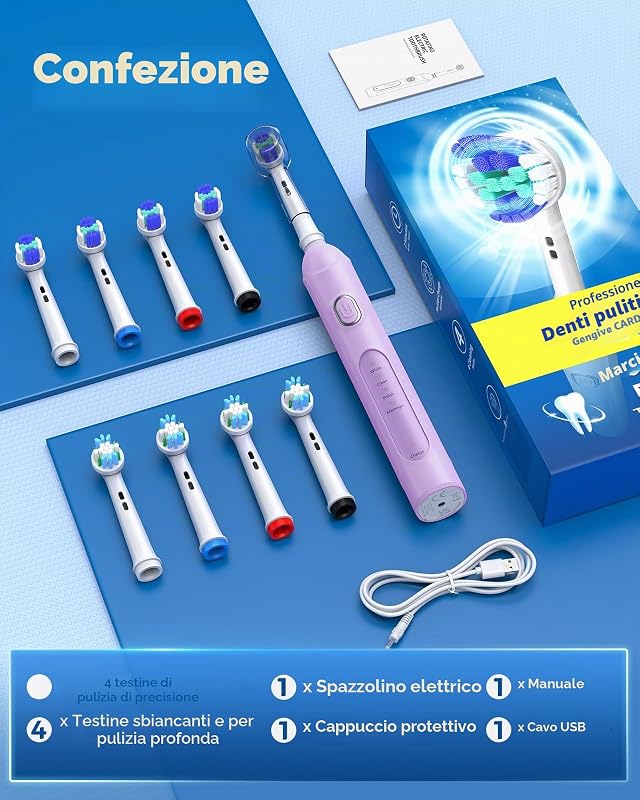 Spazzolino elettrico rotante per adulti con 8 testine (2 tipi) di potenza ricaricabile e 2 minuti di tempo intelligente, 4 modalità (Viola)