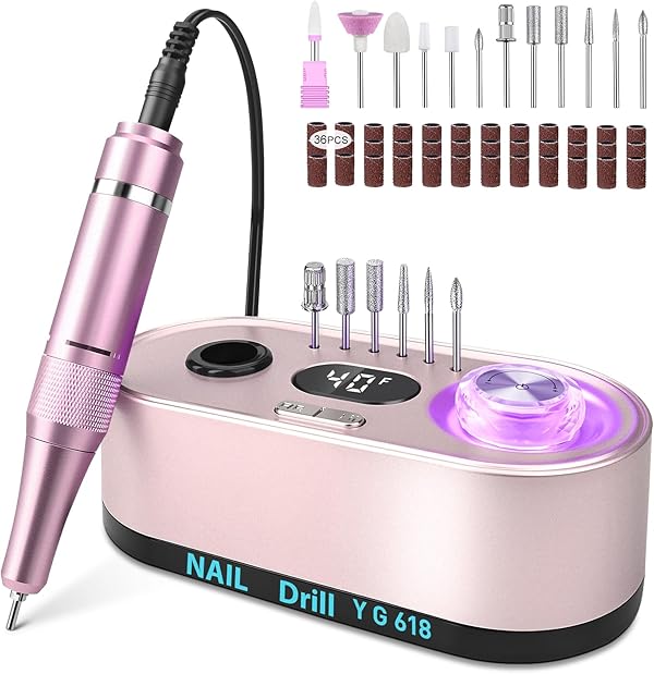 Urbuti Elektrische Nagelfeile Nagelfräser Professioneller, 40000U/Min, LCD Maniküre Pediküre Set mit Multifunktionale Basis Elektrisch Tragbares Design Beleuchtet Touch-Button-Steuerung Rosa