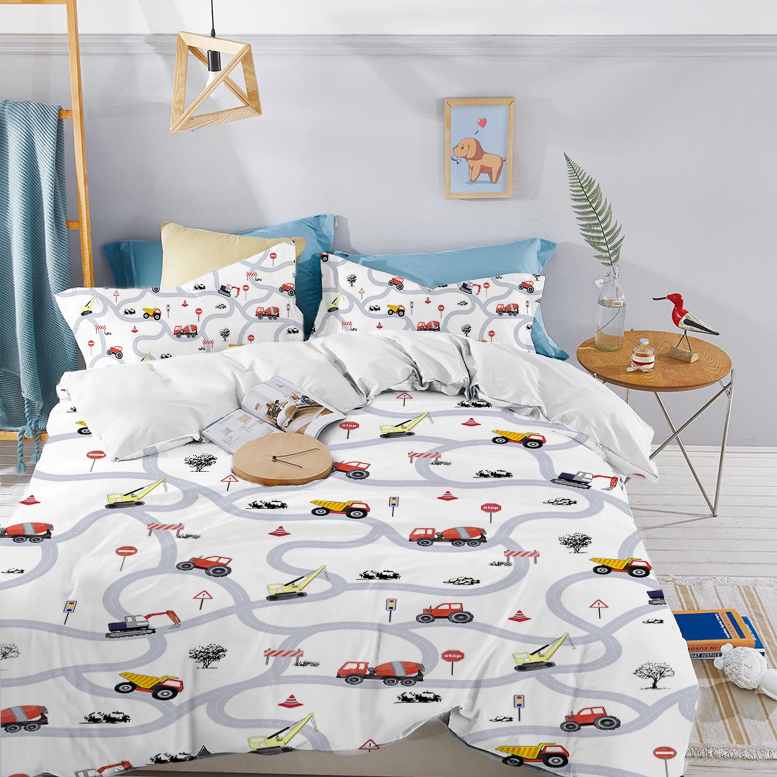 Yasida Cars Bedding Kids Double Duvet Set Tractor Bedding With Traffic Signs And Roads For Teenage Boys Double Microfibre Duvet Cover 200x200cm/2 Pillowcases 50x75cm Car Bedroom Accessories