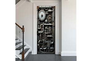 Door Stickers Peel and Stick Door Mural Steampunk Industrial Pipes Gears Pressure Gauges Dials Removable Wallpaper 30.3''x78.