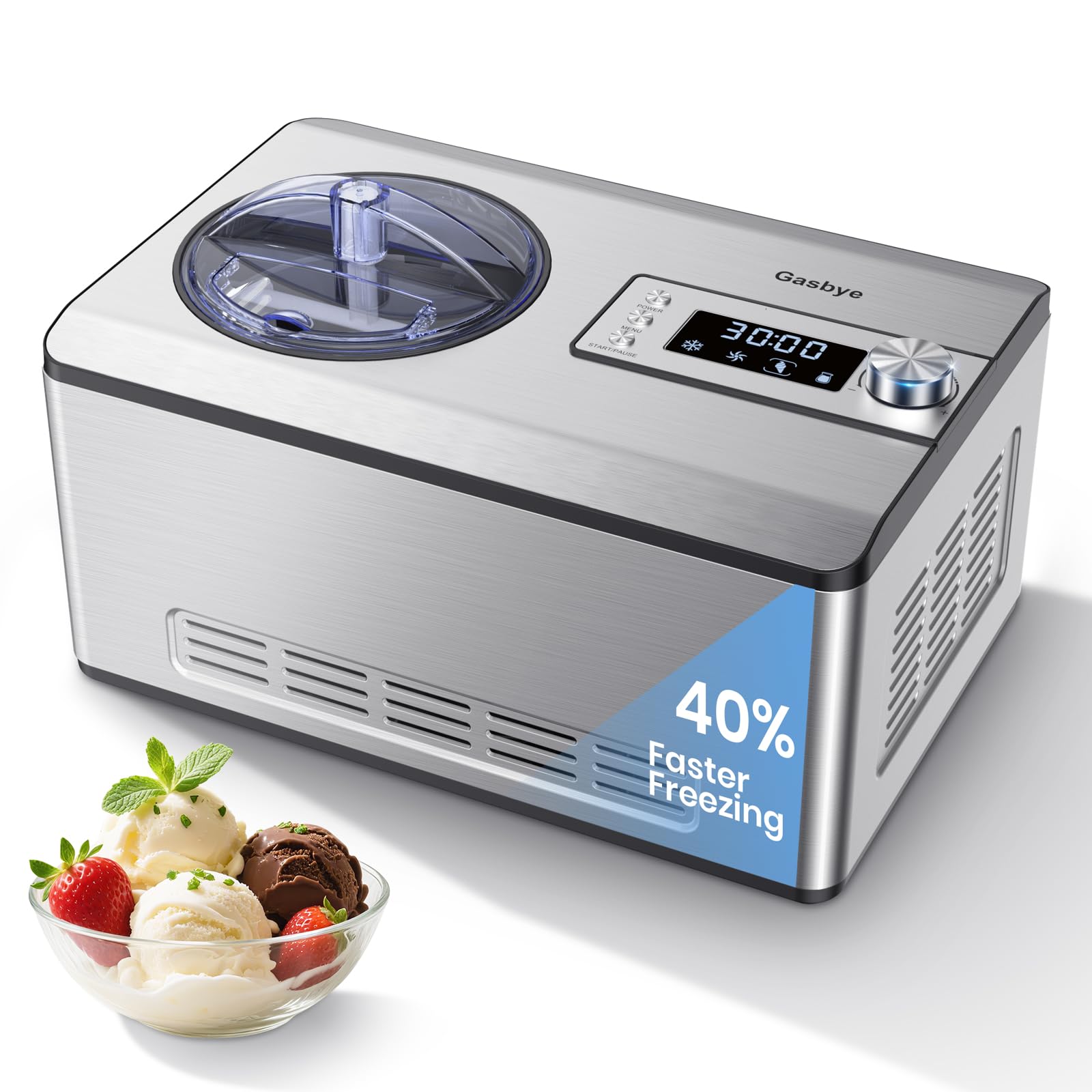 Máquina para hacer helados Gasbye con compresor mejorado, [congelación 40% más rápida], no necesita precongelación, pantalla LED, capacidad de 2.1 cuartos, fácil operación para helados y yogures, acero inoxidable