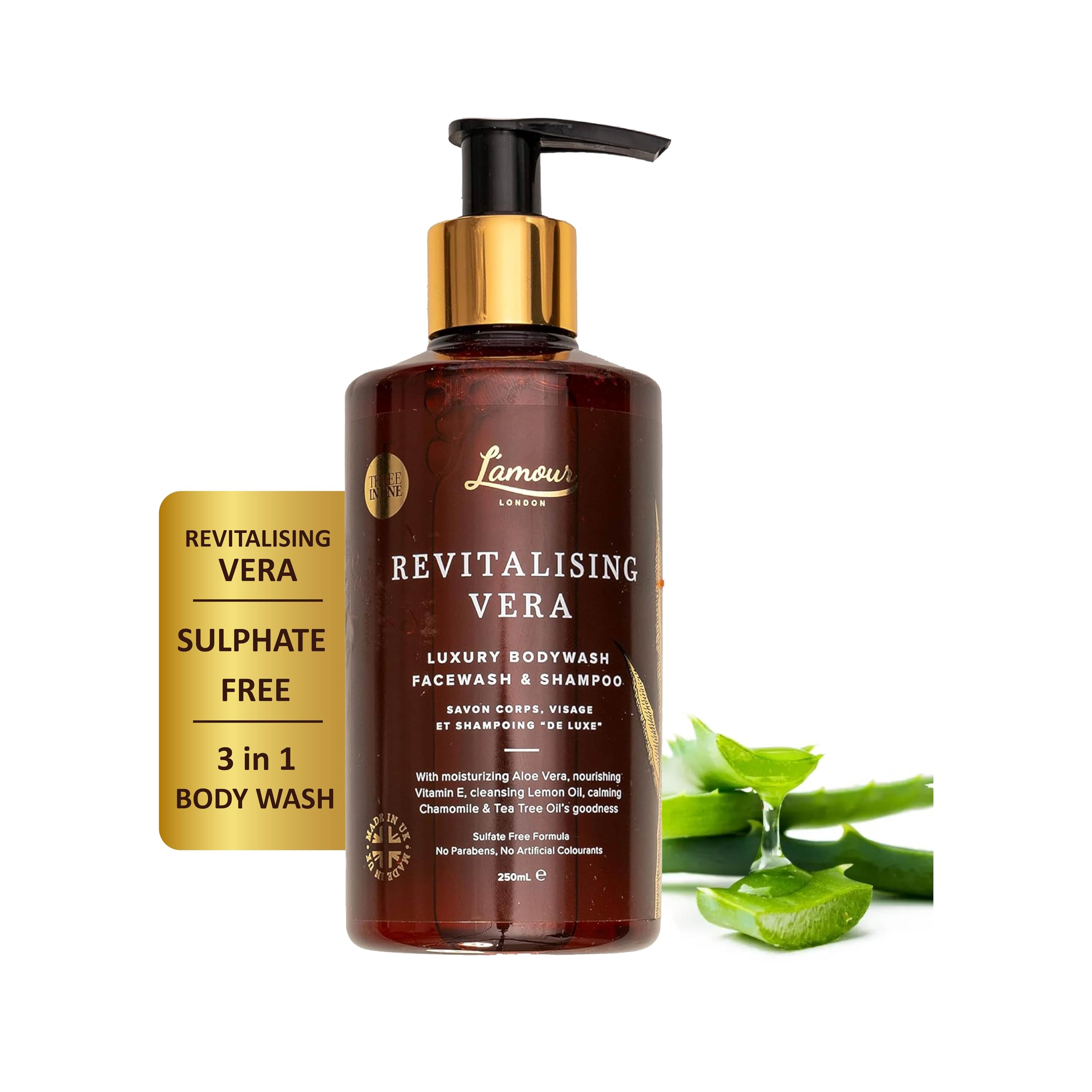 L'amour Natural | Revitalising Vera | Luxury Face Wash, Body Wash & Shampoo | Essential Oils | Sulphate Free | Gentle for dry and sensitive skin | 250mL (Aloe Vera) — image 1