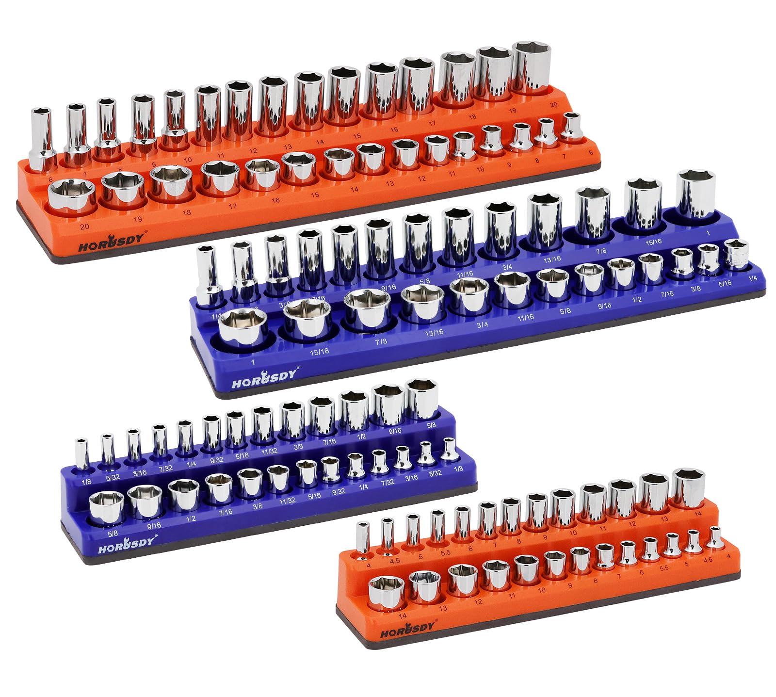 Photo 1 of HORUSDY 4-Piece Magnetic Socket Organizer Set, Holds 1/4" & 3/8" SAE & Metric Standard/Deep Sockets, Strong Rubberized Magnetic Base, Durable Plastic Socket Holder for Toolbox & Workbench