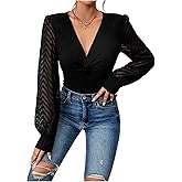 Floerns Women's Elegant Mesh Sheer Lantern Sleeve V Neck Blouse Twist Front Dressy Knit Blouses Going Out Top