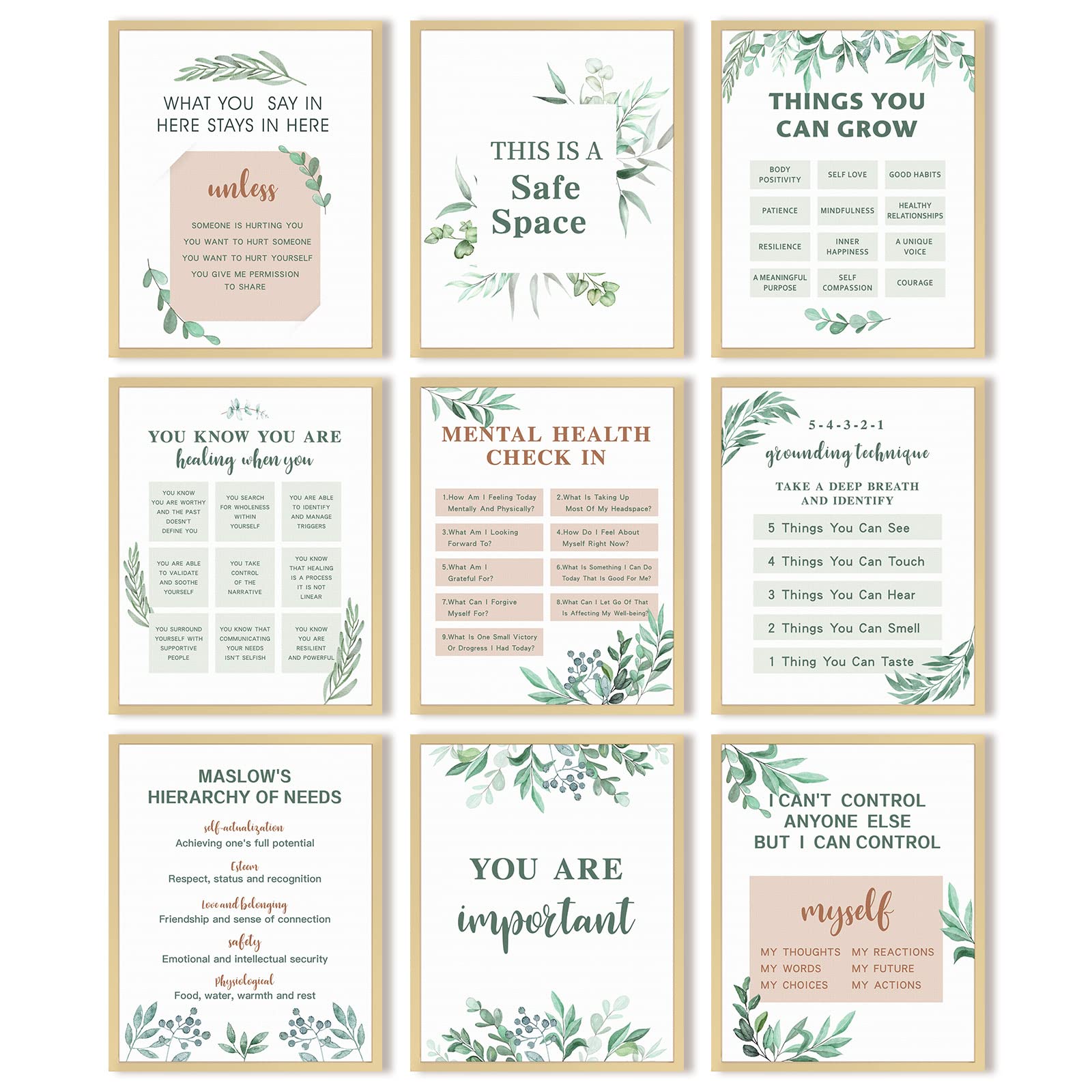 Photo 1 of 9 Pieces Mental Health Posters Anxiety Therapy Motivational Poster Psychologist Counselor Inspirational Posters Positive Quotes Wall Decor Classroom for Home Office, 8 x 10 Inch(Leaf Style)