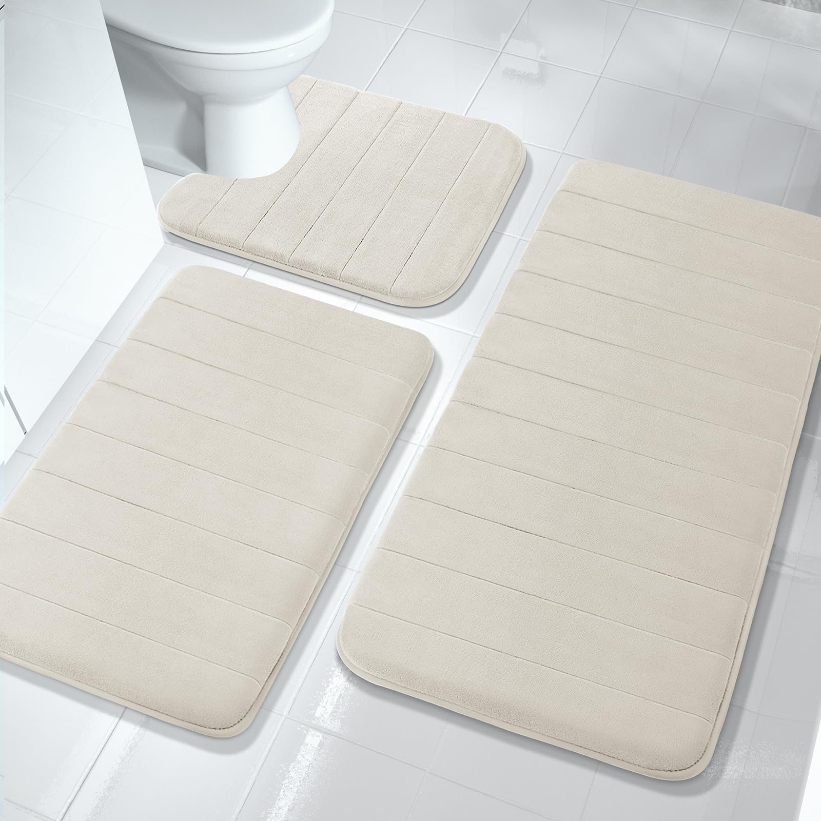 Photo 1 of Yimobra 3 Pieces Memory Foam Bath Mat Set with U-Shaped Toilet Rug - Non Slip Super Soft Absorbent Quick Dry Bathroom Rugs for Bathtub, Vanity & Toilet Base, Cream White