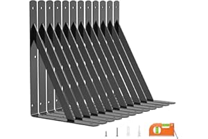LuckIn 12 Inch Heavy Duty Shelf Bracket, Wall Shelf Brackets, 90 Degree Bracket, 250 LBS Max Load, Mounting Hardware Include, Black, 12-Pack