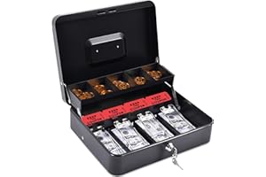 INFUN Cash Box with Money Tray, Durable Large Steel Money Boxes, 5 Compartment Tray, 4 Spring-loaded, come with 2 key, Black