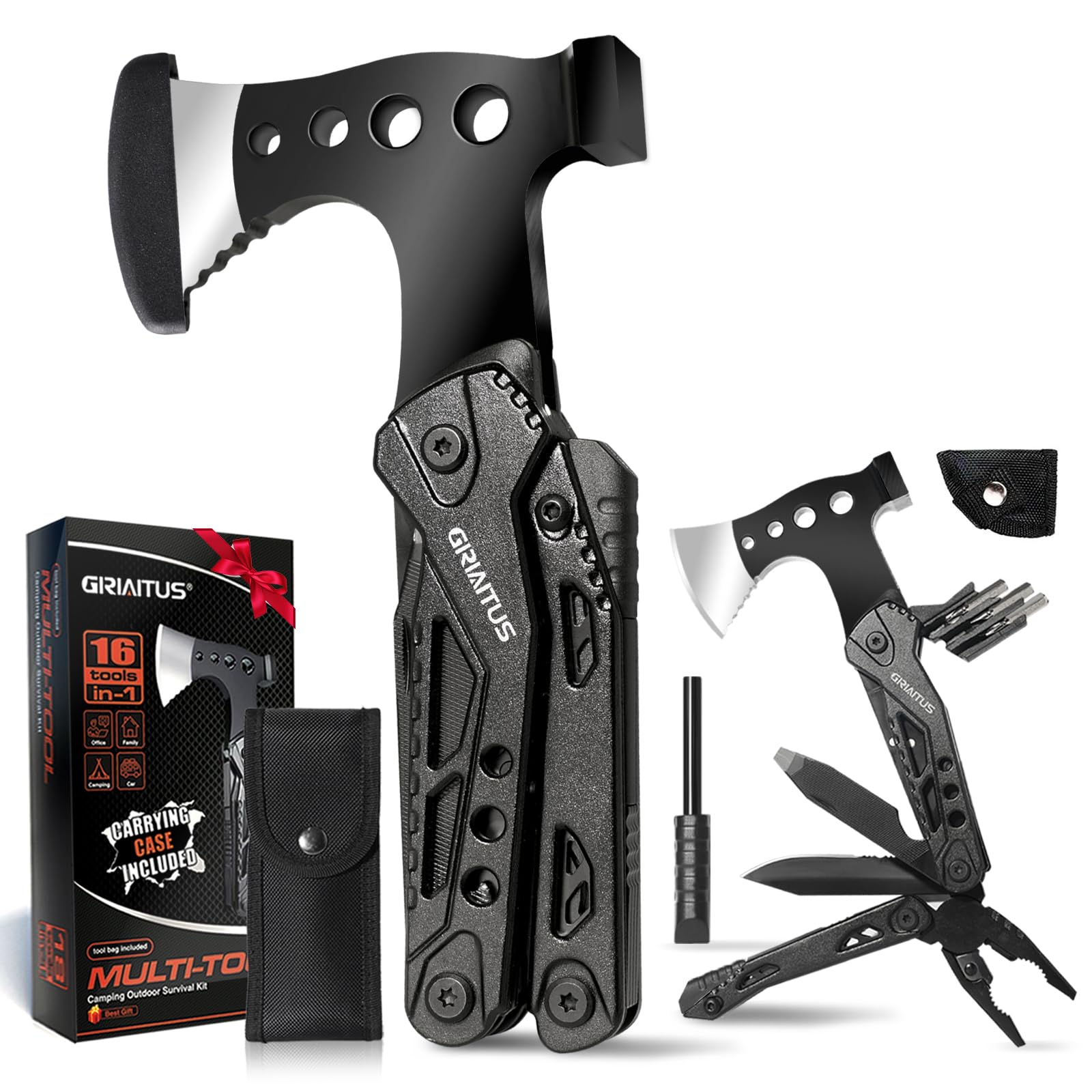 Camping Essentials Multi Tool Gifts for Men Dad 16in1 Multitool Survival Gear with Hammer Pliers Saw Screwdrivers Bottle Opener Whistle Christmas Stocking Fillers Gadgets for Outdoor, Hiking, Repair