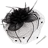 Hotalisona Fascinators Hats for Women Tea Party Black Derby Hats for Women Feather Tulle Fascinator with Headband and Clip for Cocktail, Wedding, Fancy Dress Party