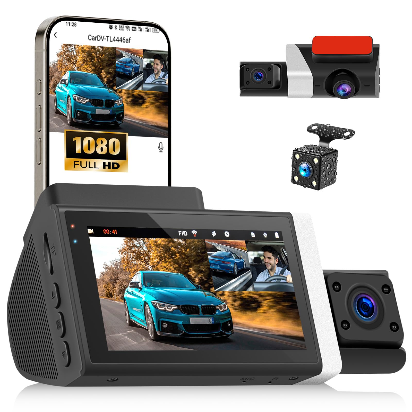 Photo 1 of 3 Channel Dash Cam Front and Rear Inside, 2.9'' 1080P Dash Camera for Cars,Three Way Triple Car Camera with App Control Super Night Vision,Wide Angle,Loop Recording,G-Sensor,24 Parking Monitor