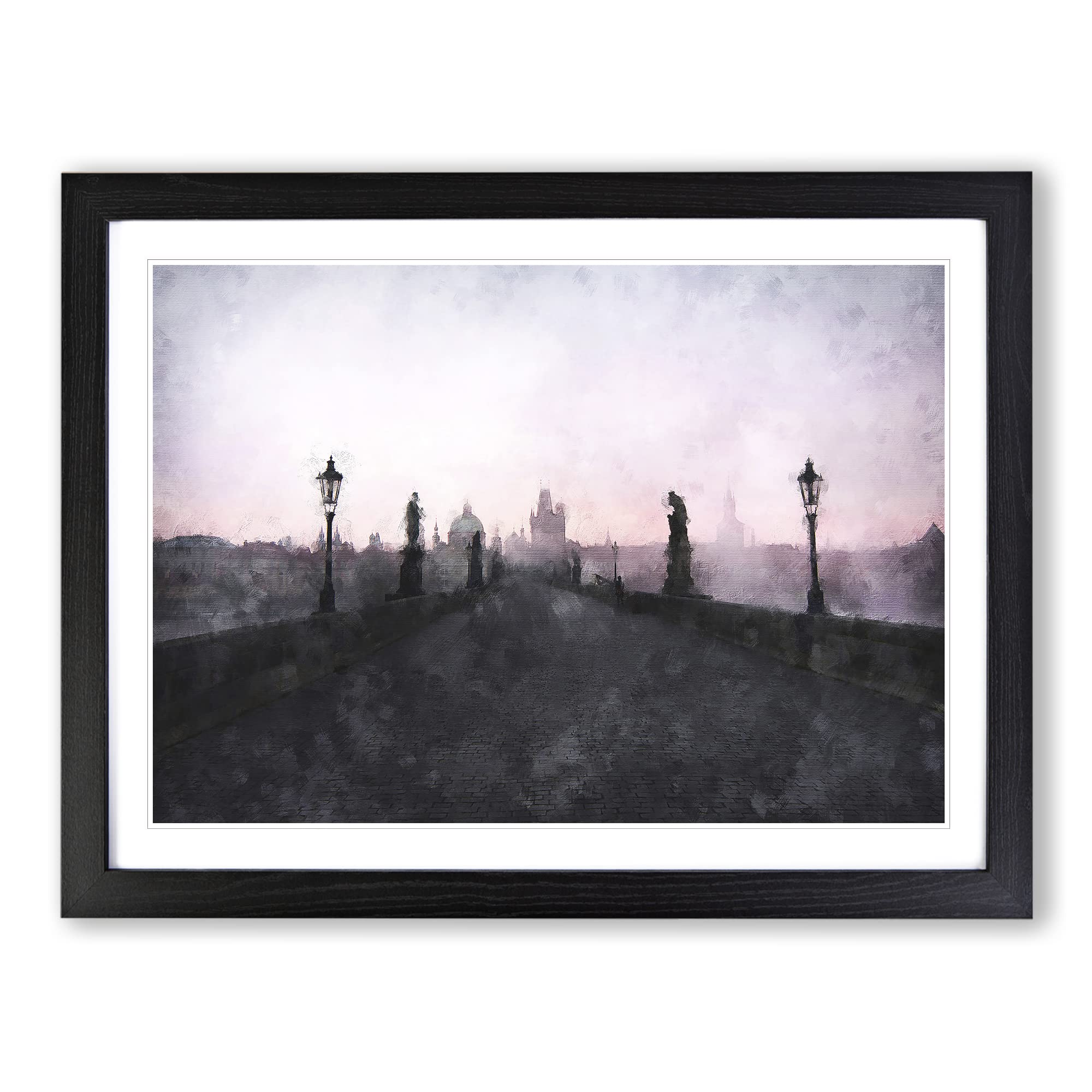 Charles Bridge In Prague Painting Modern Art Framed Print | A4 Black Framed Wall Art | Ready to Hang | Modern Cityscape Picture | Living Room Bedroom Lounge Office