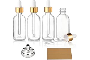 AOZITA 4 Pcs, 1 oz Golden Cap Clear Dropper Bottles (30ml) with 1 Funnel & 4 Labels - Glass Tincture Bottles with Eye Droppers - Leakproof Essential Oil Bottles for Health, Personal Care & Beauty
