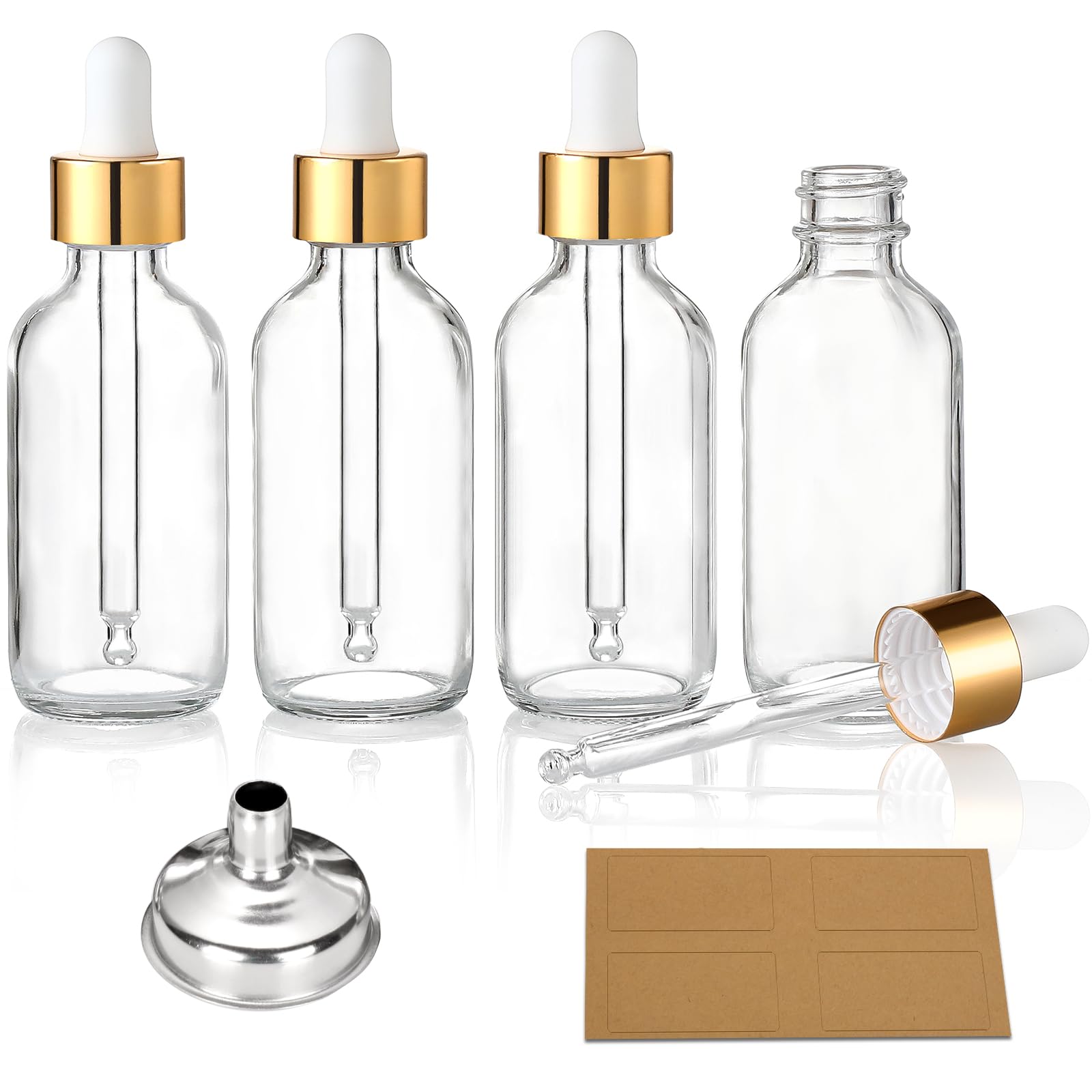 Photo 1 of AOZITA 4 Pcs, 1 oz Golden Cap Clear Dropper Bottles (30ml) with 1 Funnel & 4 Labels - Glass Tincture Bottles with Eye Droppers - Leakproof Essential Oil Bottles for Health, Personal Care & Beauty