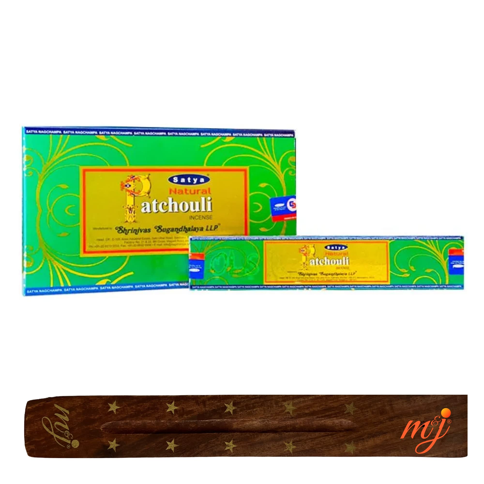 Original Satya Nag Champa Natural Patchouli Incense Sticks | with M&J incense sticks holder | Full Box | for Aromatherapy, Spa, Yoga, Weddings, Meditation, Healing, Positivity and Relaxation