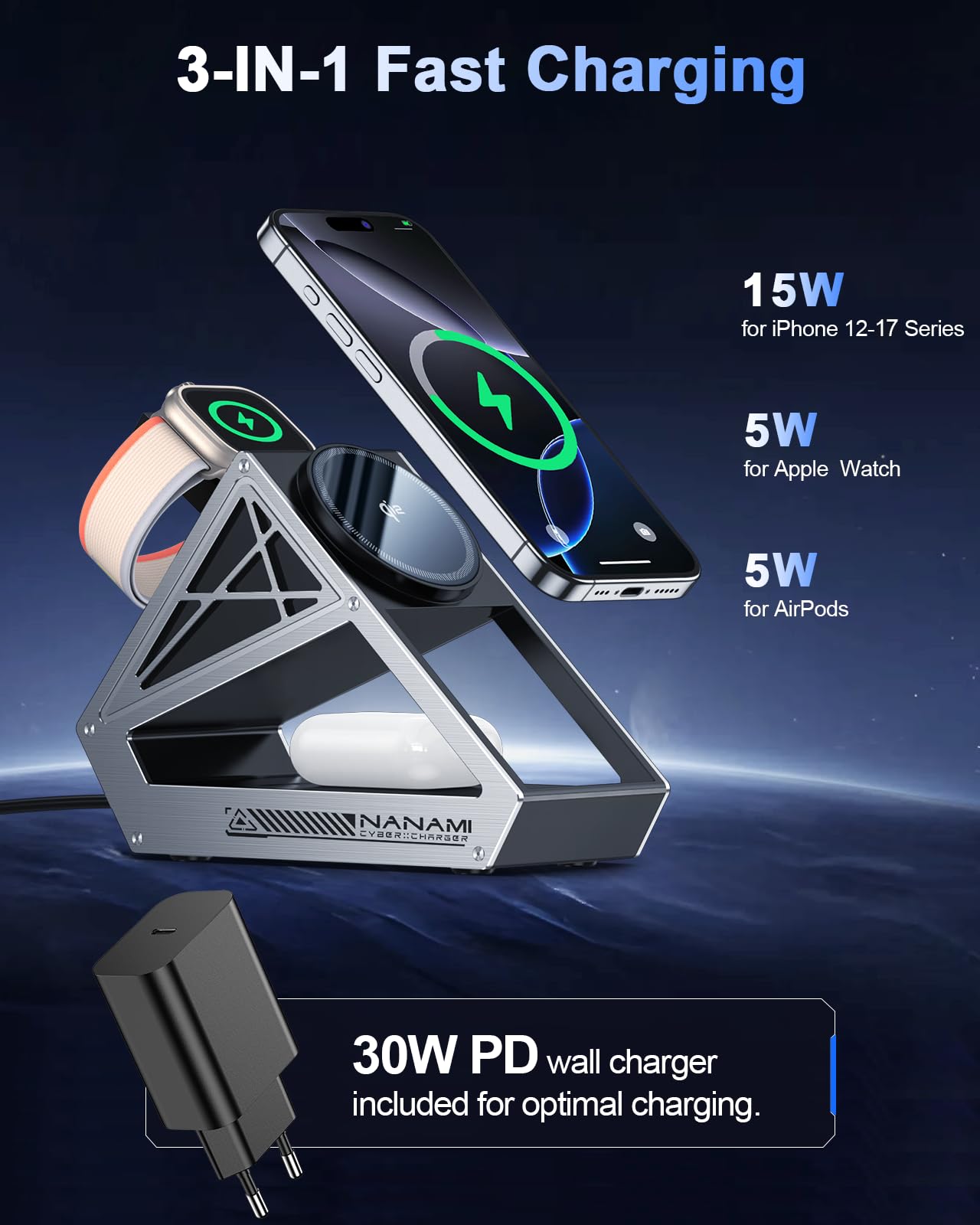 NANAMI 3 in 1 MagSafe Ladegerät mit 30W Netzteil, Qi2 15W iPhone Wireless Charger, Apple Watch Schnellladen 5W für Watch 11/10/9/8/7/Ultra/Ultra2, Ladestation für iPhone 17/16/15/14/13/12 & AirPods 4