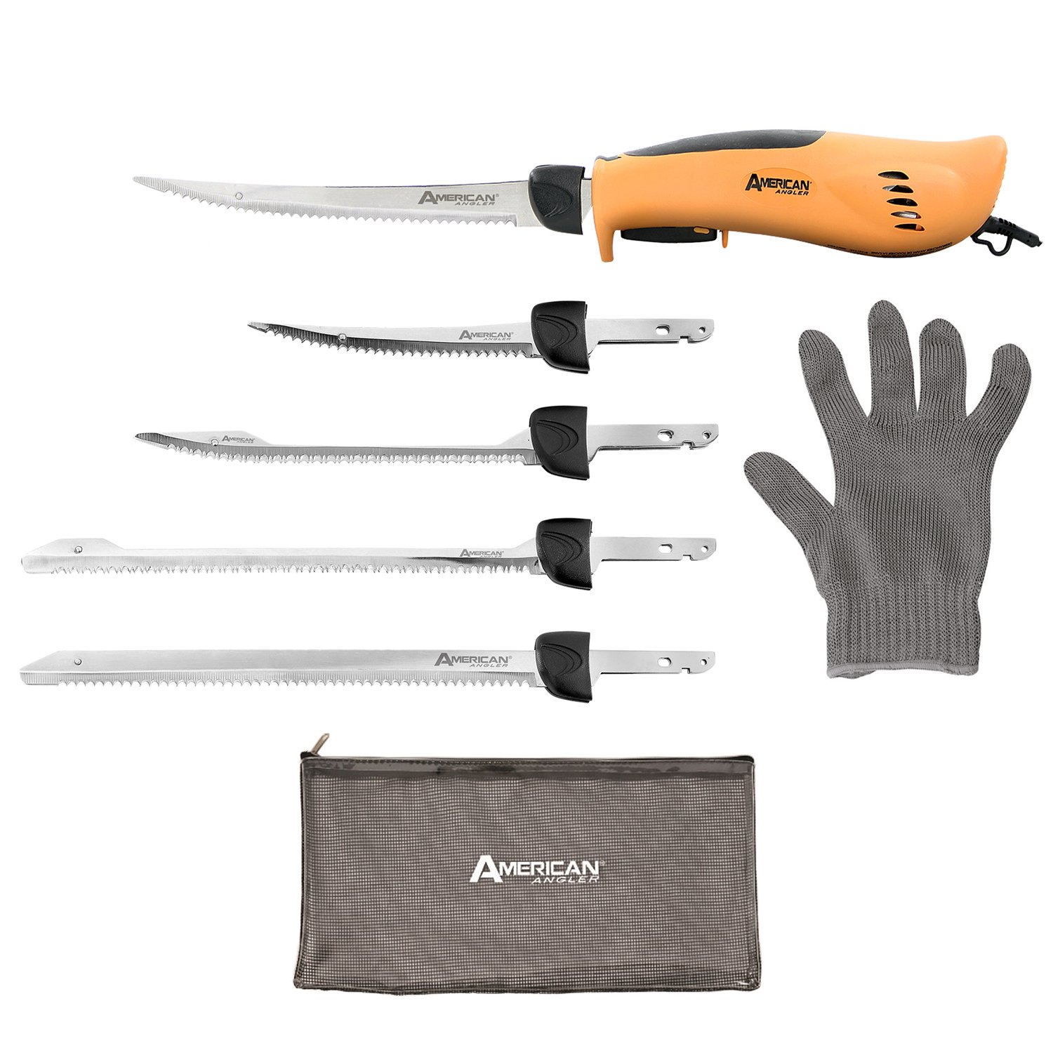 American Angler PRO Professional Grade Electric Fillet Knife Sportsmen&amp;#39;s Kit – 110 Volt High Performance Ergonomic Motorized Handset with Five Kinds of Stainless Steel Blades, 32352DS