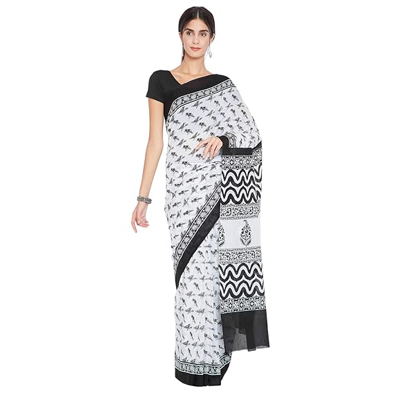 Finest Quality Cotton - Handmade Black and White - Minimalistic block print Saree with Blouse Piece RDSNSA0145