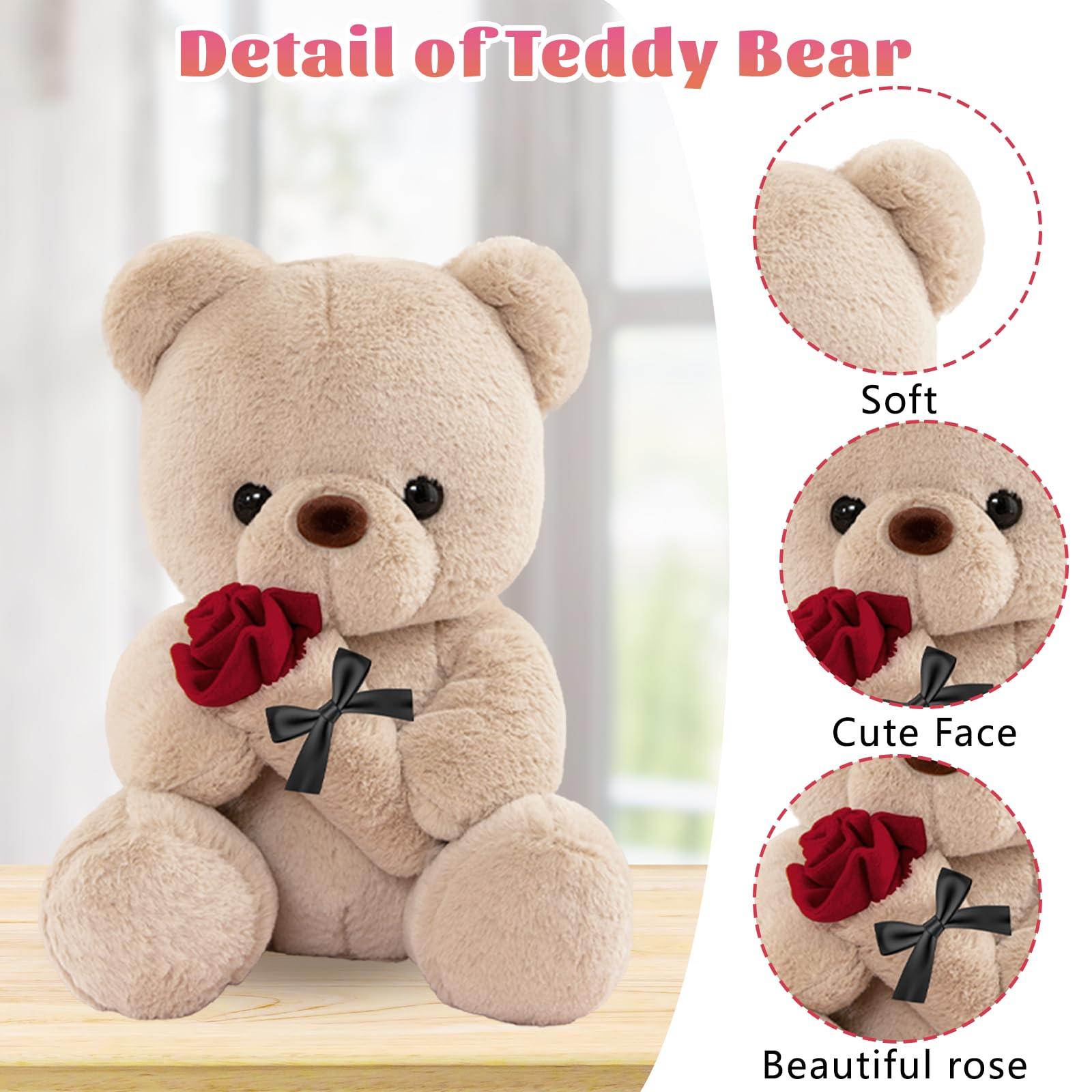 LIHIQIYA Teddybär mit Rose, Geburtstagsgeschenk für Frauen, 25cm Süße Kuscheltier Teddy Rosen Teddy Bear Plüsch-Bär Teddybären Plüschtier Liebe Hochzeitstag Jahrestag Geschenke für Sie Frau Freundin 3