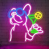 Sneignon French Bulldog Neon Sign - Cool Dog Drinking Cocktail LED Neon Light for Wall Decor, Dimmable Funny Animal Neon Sign for Home Bar, Pub, Man Cave, Party, Unique Gift for Dog Lovers