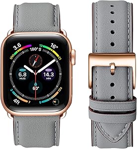 OMIU Square Bands Compatible for Apple Watch 38mm 40mm 42mm 44mm, Genuine Leather Replacement Band Compatible with Apple Watch Series 6/5/4/3/2/1, iWatch SE (Gray/Rose Gold Connector, 38mm 40mm)