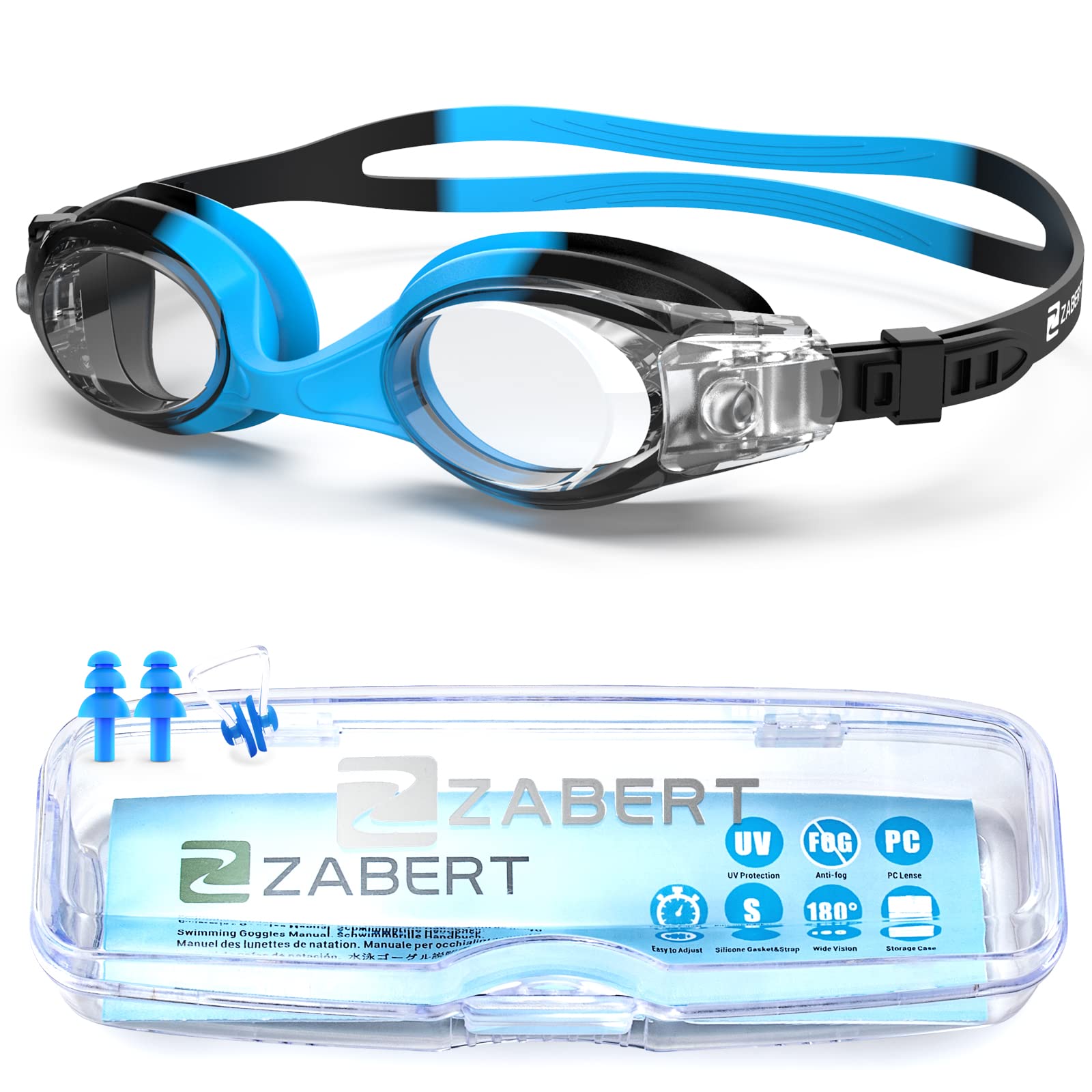 ZABERT K1 Kids Swimming Goggles, Swim Goggles for Kids Boys Girls Children Toddler Junior Age 6-14 0-6 4-6 Anti-fog, Black Blue