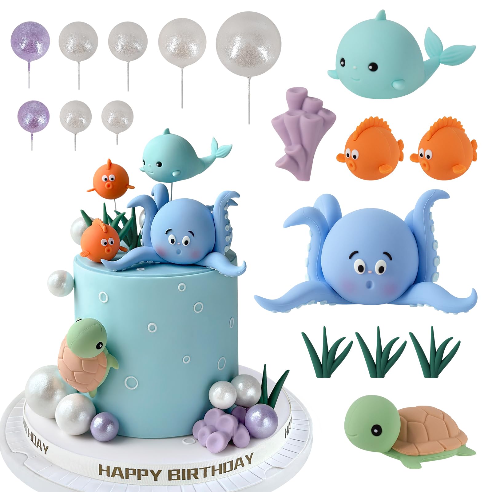Photo 1 of 17 PCS Under the Sea Cake Decorations Ocean Animals Cake Topper with Cake Balls Decorations for Under the Sea Theme Boys Girls Baby Shower Birthday Party Supplies